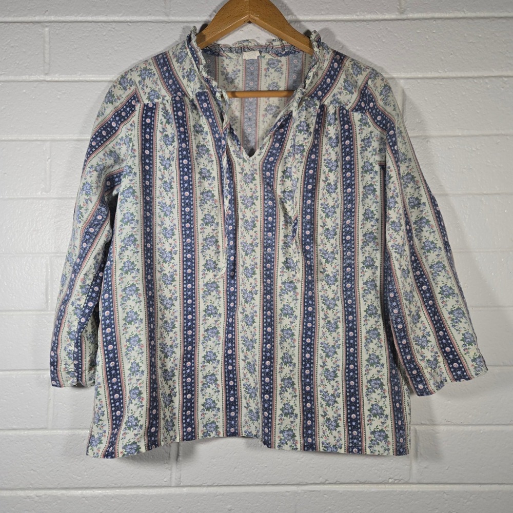 Vtg Retro Peasant Floral Stripe Blouse 40 Blue Ruffle Neck Americana Faded